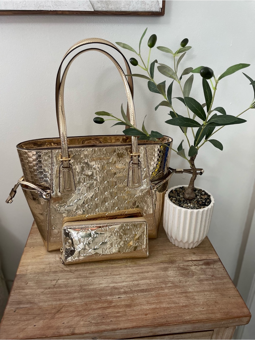 Michael Kors Metallic Gold Embossed Tote with Zip Wallet